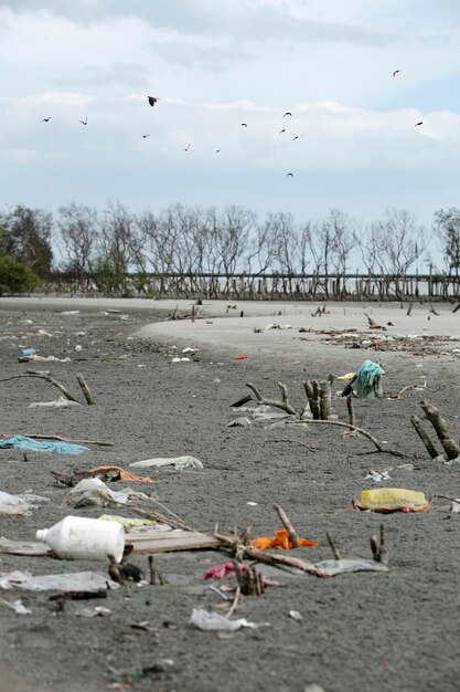 Foto criança a brincar na praia poluída