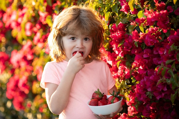 Criança adorável comendo morangos criança animada come morangos no verão ao ar livre