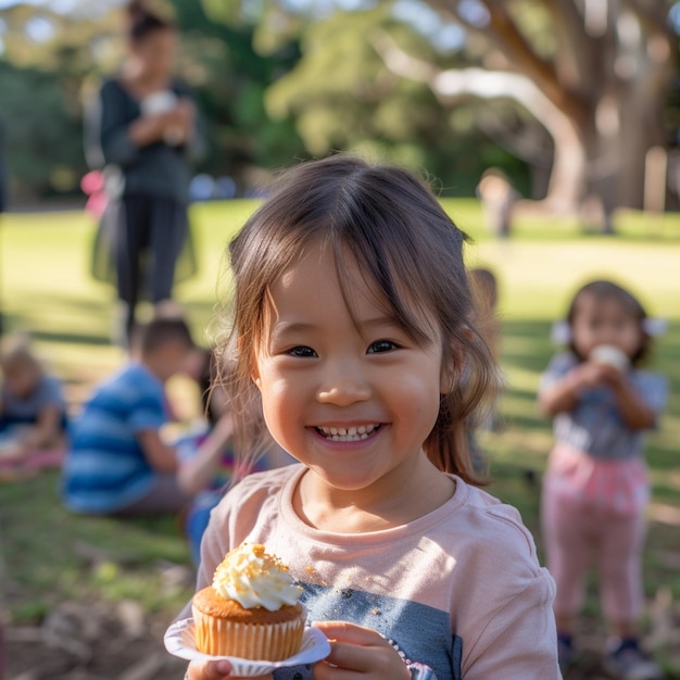 Foto criança adorável segurando um cupcake sorrindo com crianças ao fundo em um parque