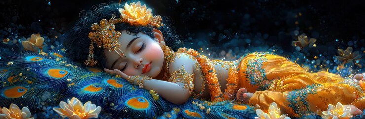 Foto criança adormecida vestida como o senhor krishna adornada com jóias douradas e descansando em penas de pavão em meio a uma cena noturna sonhada com pétalas de flores ai gerativa