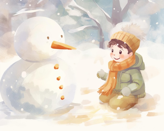Criança adornando um boneco de neve amigável em uma felicidade de neve