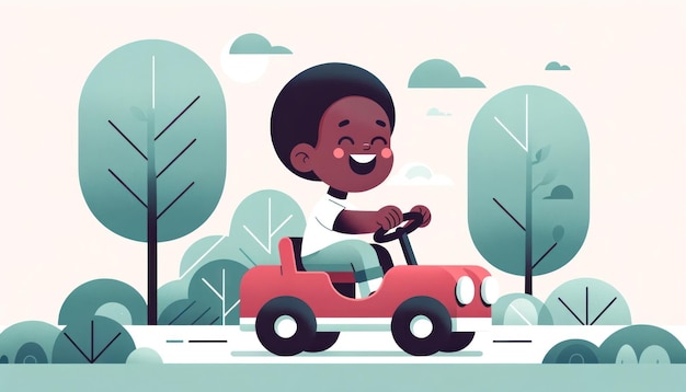 Criança africana alegre dirigindo carro a pedal em parque minimalista gerado por IA