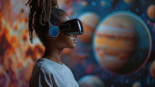 Criança africana americana estudando planeta com óculos de realidade virtual Headset de realidade virtual para aprendizagem