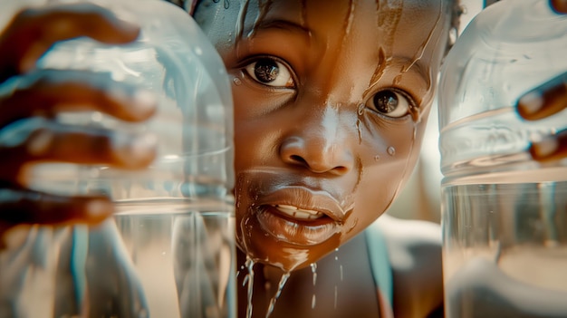 Criança africana com garrafas vazias olhar triste falta de água pobreza