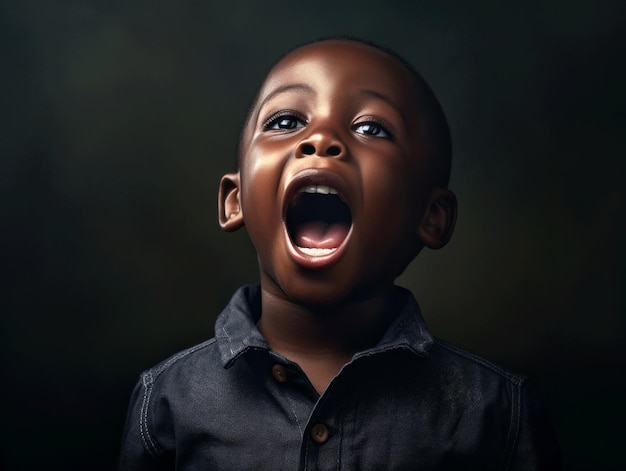 Criança africana em pose dinâmica emocional na escola