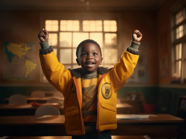 Criança africana em pose dinâmica emocional na escola