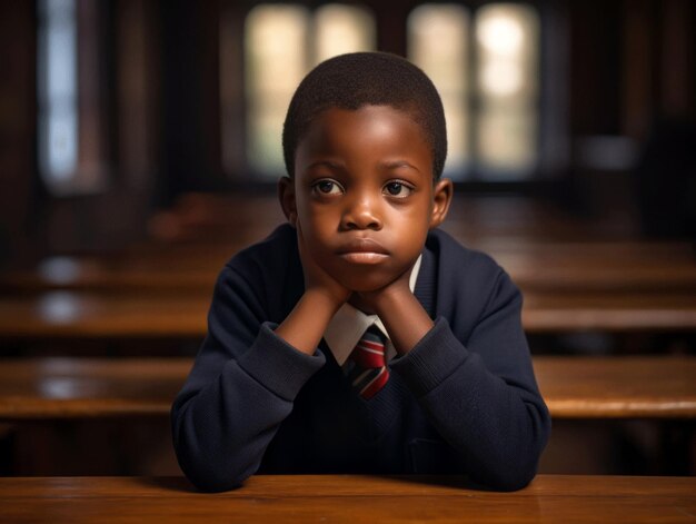 Criança africana em pose dinâmica emocional na escola