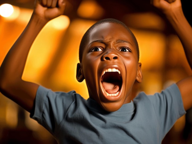 Criança africana em pose dinâmica emocional na escola