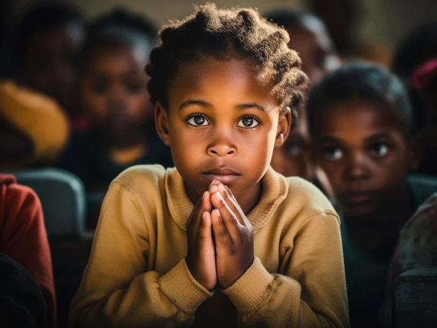 Criança africana em pose dinâmica emocional na escola