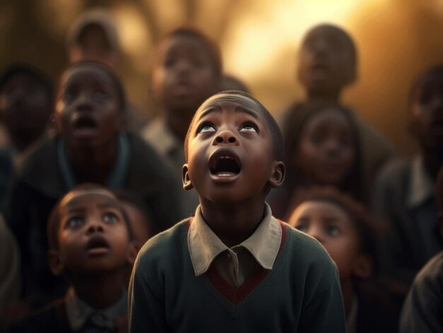 Criança africana em pose dinâmica emocional na escola