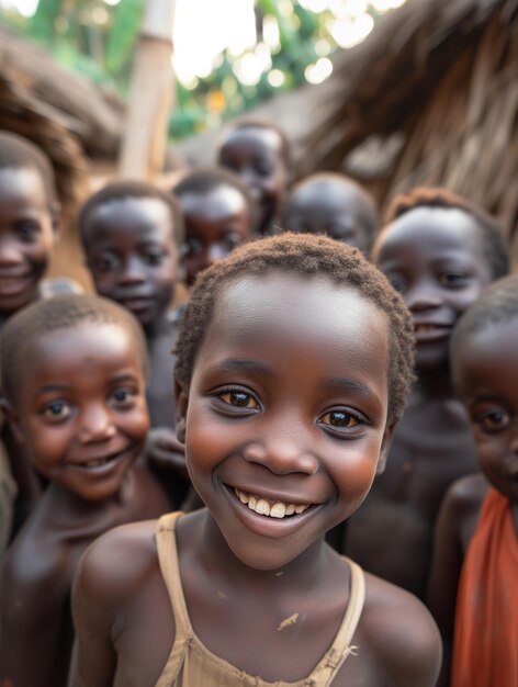 Criança africana exuberante com amigos na aldeia