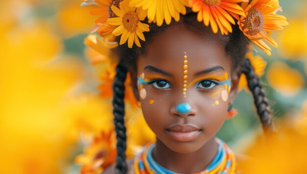 Criança africana feliz com maquiagem no estilo de flor em close-up extremo IA generativa