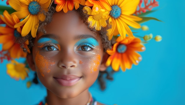 Criança africana feliz com maquiagem no estilo de flor em close-up extremo IA generativa