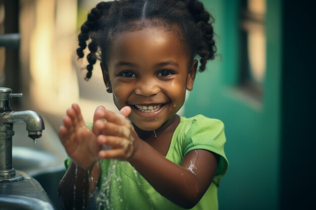 Criança africana feliz desfrutando de água da torneira limpa promovendo o acesso a água potável