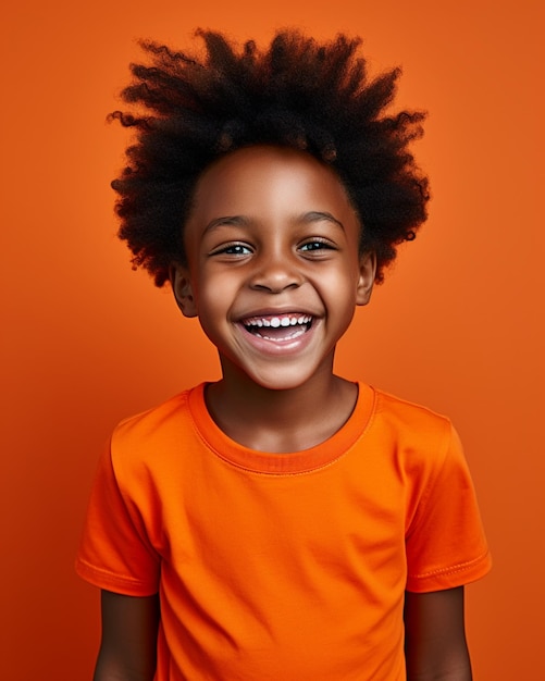 Criança africana rindo vestindo camisa laranja