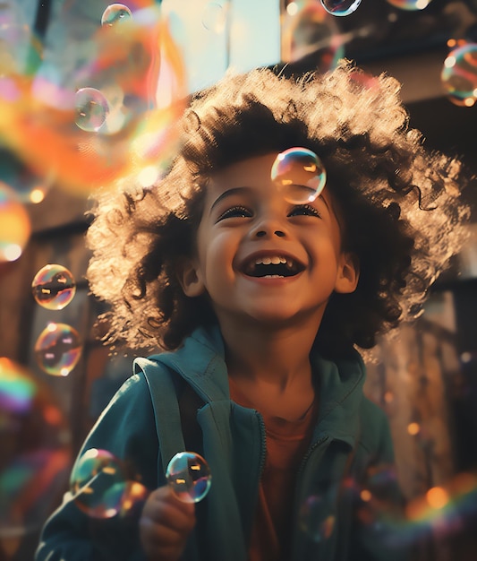 criança afro-americana com cabelo encaracolado soprando bolhas de sabão