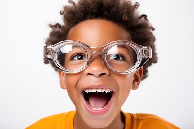 Criança afro-americana de aparência engraçada usa óculos futuristas em fundo branco