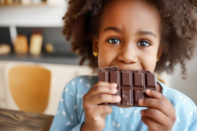 Criança afro-americana desfruta de uma barra de chocolate simbolizando o amor das crianças pelos doces