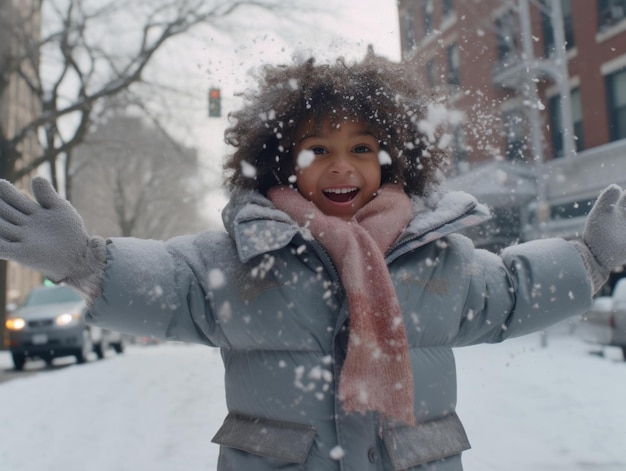 Criança afro-americana desfruta do dia de neve de inverno em postura dinâmica emocional brincalhona