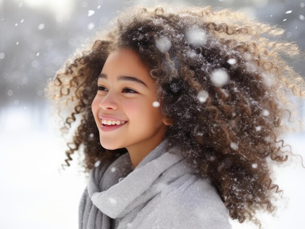 Criança afro-americana desfruta do dia de neve de inverno em postura dinâmica emocional brincalhona