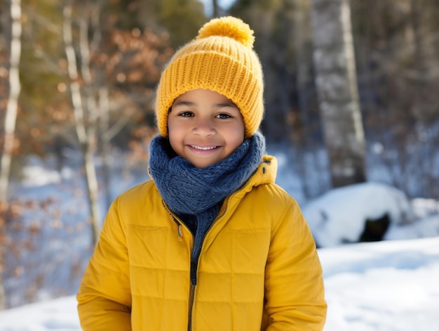 Criança afro-americana desfruta do dia de neve de inverno em postura dinâmica emocional brincalhona