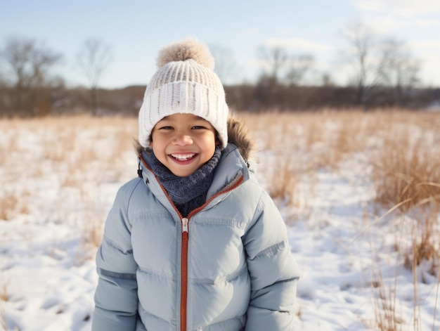 Criança afro-americana desfruta do dia de neve de inverno em postura dinâmica emocional brincalhona