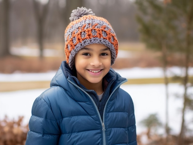 Criança afro-americana desfruta do dia de neve de inverno em postura dinâmica emocional brincalhona