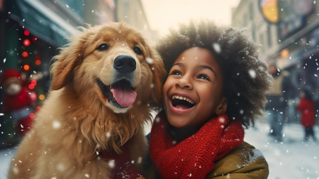 Foto criança afro-americana engraçada com cão golden retriever se divertindo ao ar livre durante as férias de natal