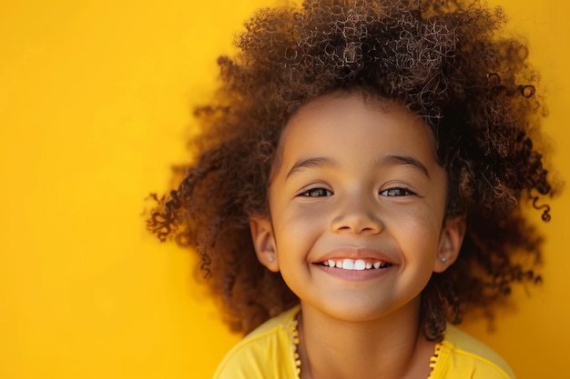 Foto criança afro-americana feliz e sorridente com fundo amarelo