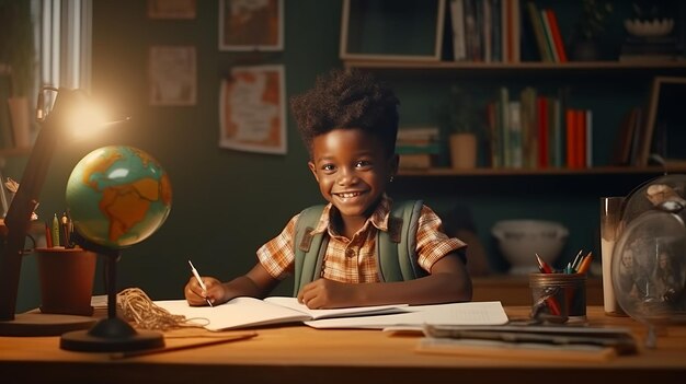 Criança afro-americana feliz fazendo a lição de casa enquanto está sentada na secretária em casa