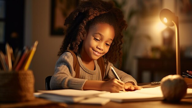 Criança afro-americana feliz fazendo a lição de casa enquanto está sentada na secretária em casa