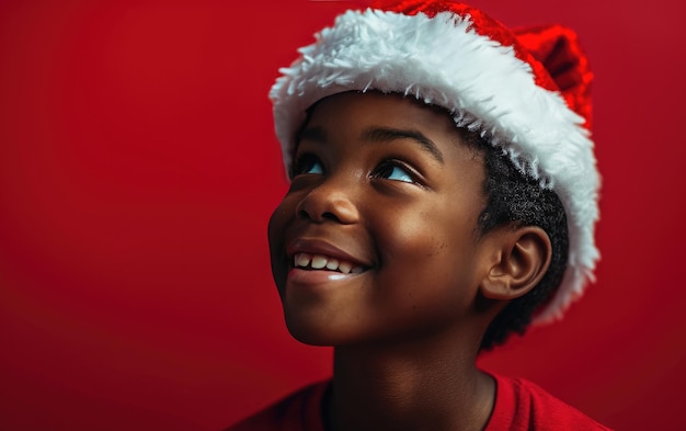 Criança afro-americana feliz usando chapéu de Papai Noel em fundo de Natal