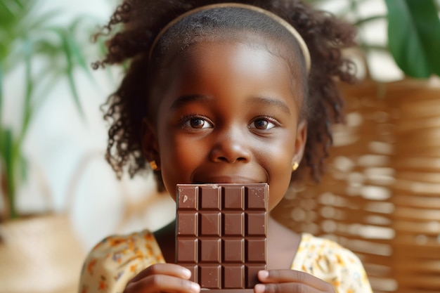 Criança afro-americana se deleita com uma barra de chocolate