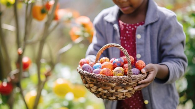 Criança afro-americana segurando um cesto de ovos de Páscoa coloridos em um jardim ensolarado