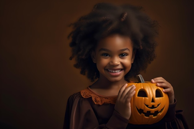 Criança afro-americana vestindo um traje de bruxa de Halloween segurando uma abóbora Jack o Lantern