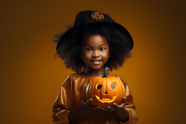 Criança afro-americana vestindo um traje de bruxa de Halloween segurando uma abóbora Jack o Lantern