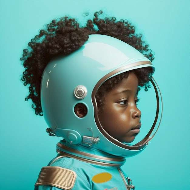 Criança ai generativa fingindo ser um astronauta brincando usando um capacete espacial