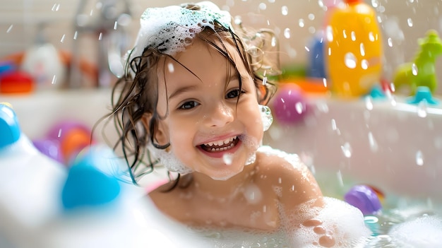 Criança alegre a rir-se numa banheira de bolhas, cercada de brinquedos coloridos