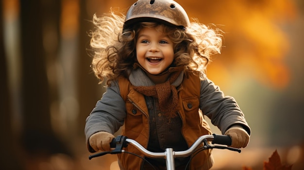 Criança alegre andando de bicicleta em fotografia cinematográfica gerada por IA