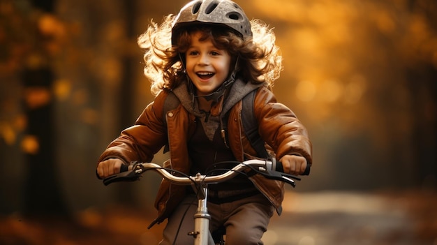 Criança alegre andando de bicicleta em fotografia cinematográfica gerada por IA