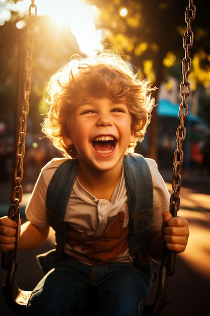 Criança alegre balançando-se descuidadamente no parque iluminado pelo sol com um sorriso radiante