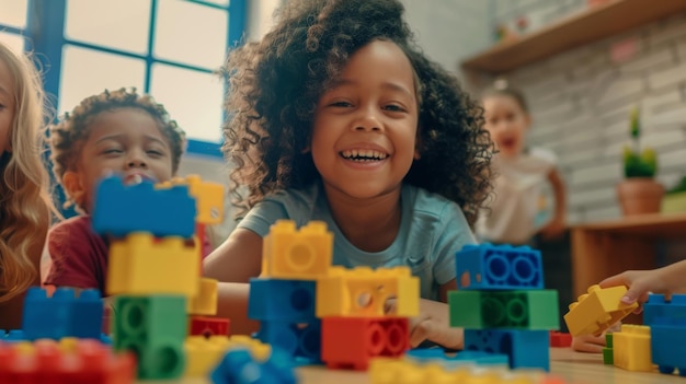 Foto criança alegre brincando com blocos coloridos