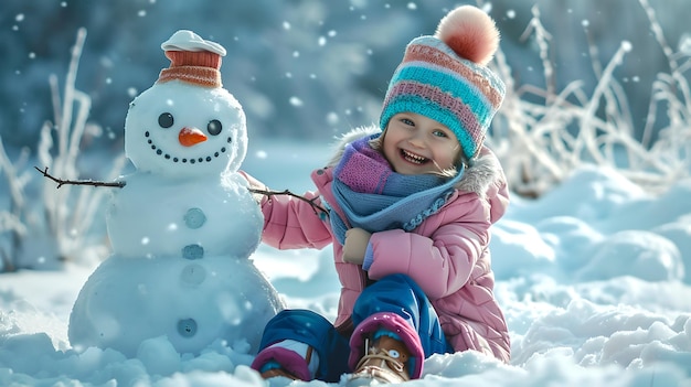 Criança alegre brincando com um boneco de neve em um país das maravilhas de inverno Capturando a inocência da juventude Perfeito para conteúdo orientado para a família e cenas de férias AI