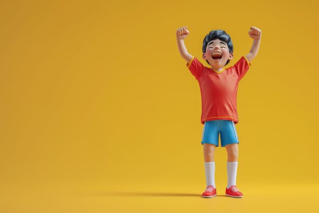 Criança alegre celebrando com os braços levantados contra um fundo amarelo