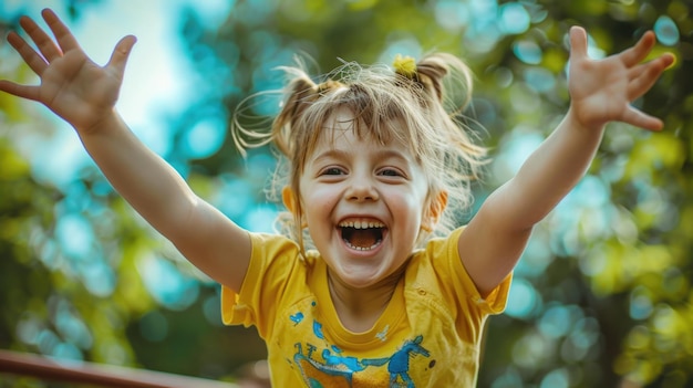 Foto criança alegre com as mãos levantadas perfeita para conceitos de família e estilo de vida