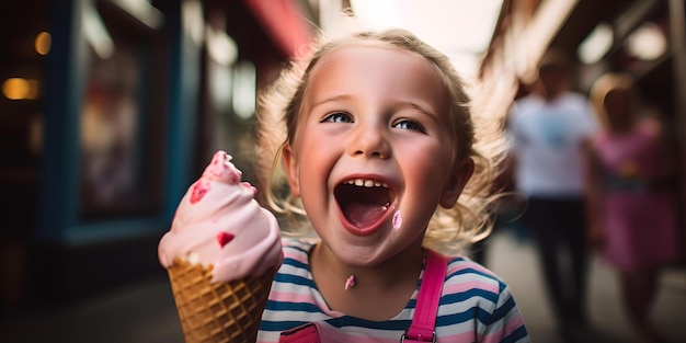 Criança alegre com casquinha de sorvete no verão, garota feliz desfrutando de sobremesa ao ar livre, capturando momentos de infância AI