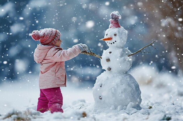 Criança alegre com uma jaqueta rosa e um chapéu colorido constrói um boneco de neve em um dia de neve, adornando-o com um nariz de cenoura e braços de galho sob uma gentil queda de neve