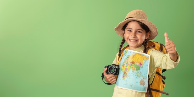 Foto criança alegre com uma mochila mostrando felicidade e juventude para exploração ao ar livre aig59