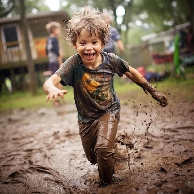 Criança alegre correndo na lama