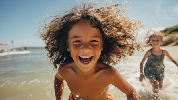 Criança alegre correndo na praia com o cabelo voando